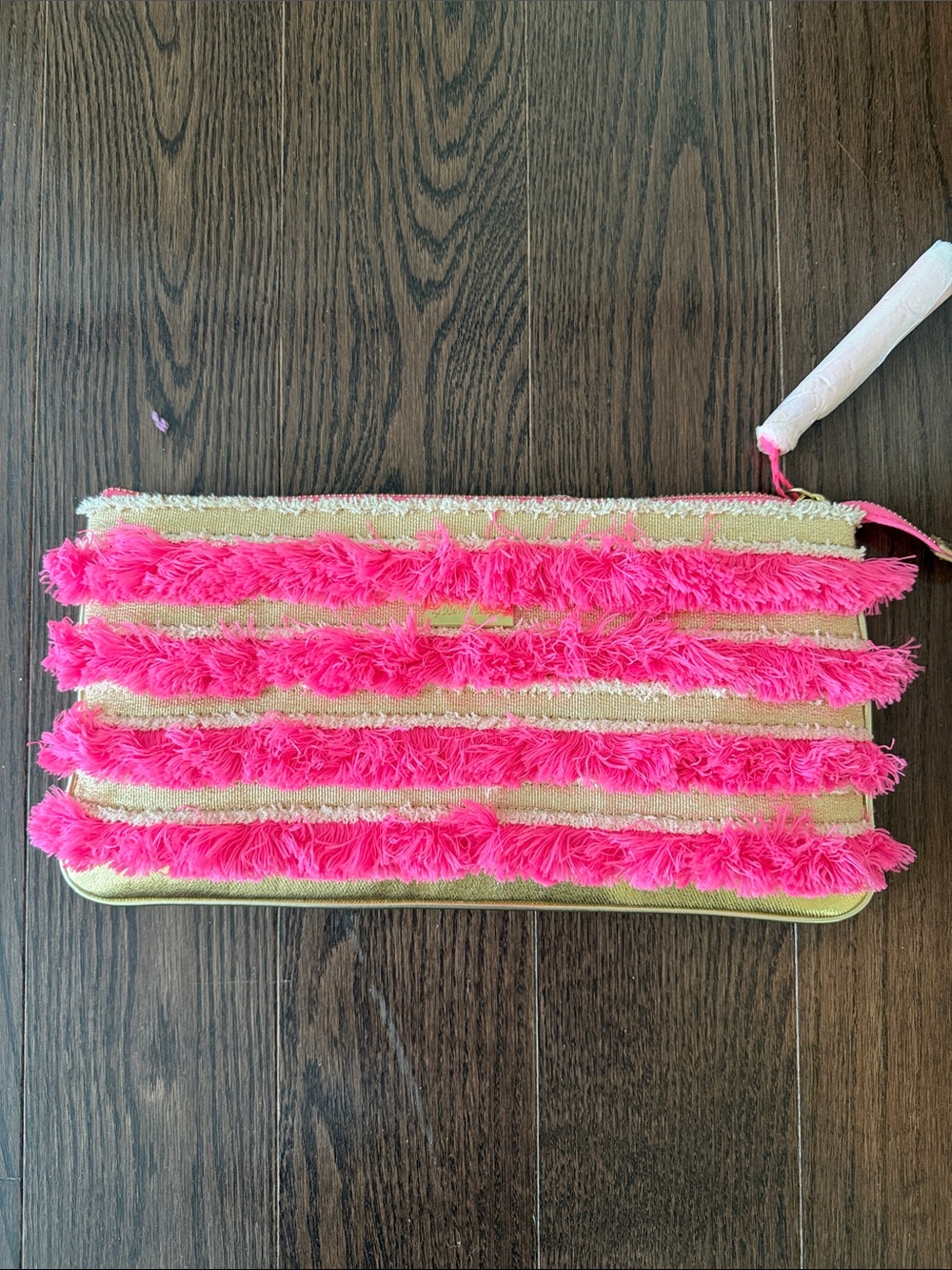 Lilly Pulitzer Pink and Gold Stripe Fringe Wristlet Clutch